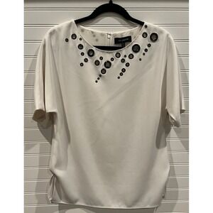 St. John Knits Bianco Stretch Cady Grommet Blouse Short Sleeve Size P‎
